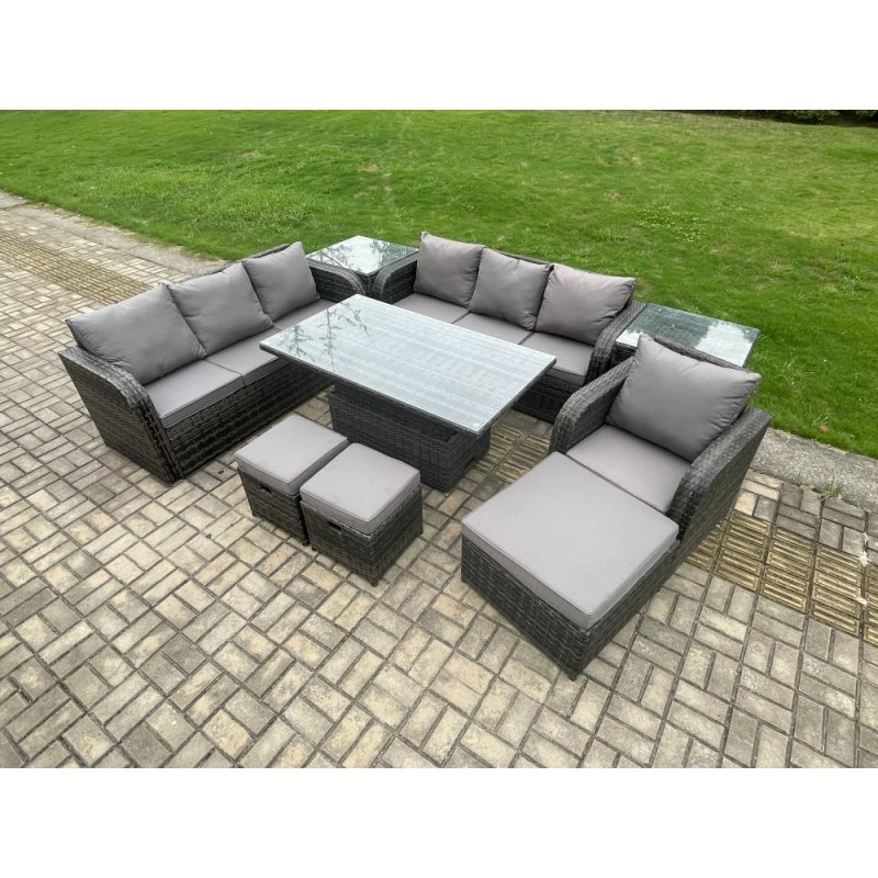 Fimous PE Rattan Outdoor Garden Furniture Sets Height Adjustable Rising lifting Dining Table Sofa Set with 2 Side Tables Reclining Chair 3 Footstools