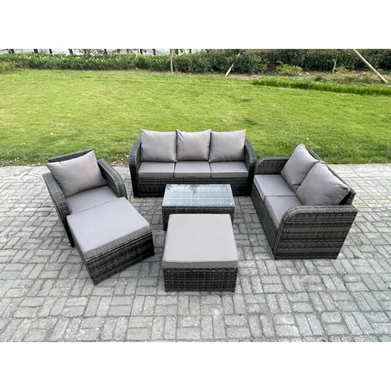 Fimous 8 Seater Garden Furniture Set Rattan Outdoor Lounge Sofa Chair With Tempered Glass Table 2 Big Footstool Dark Grey Mixed