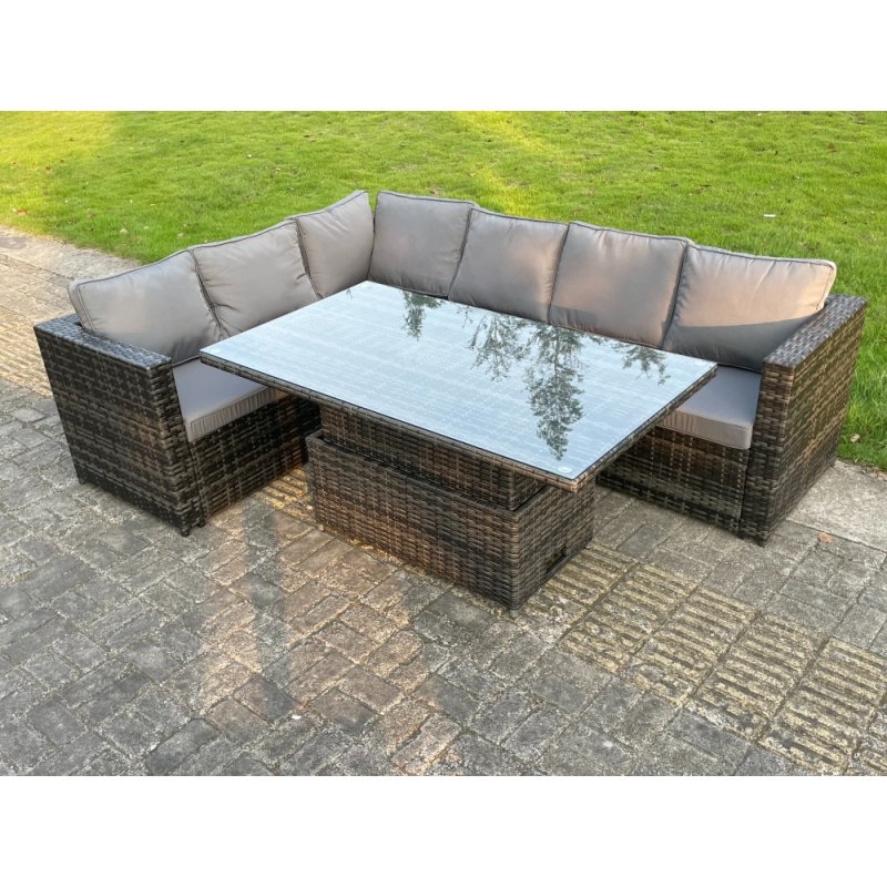 Fimous 6 Seater PE Rattan Corner Sofa Set Rising Adjustable Dining Table Set With Seat And Back Cushion