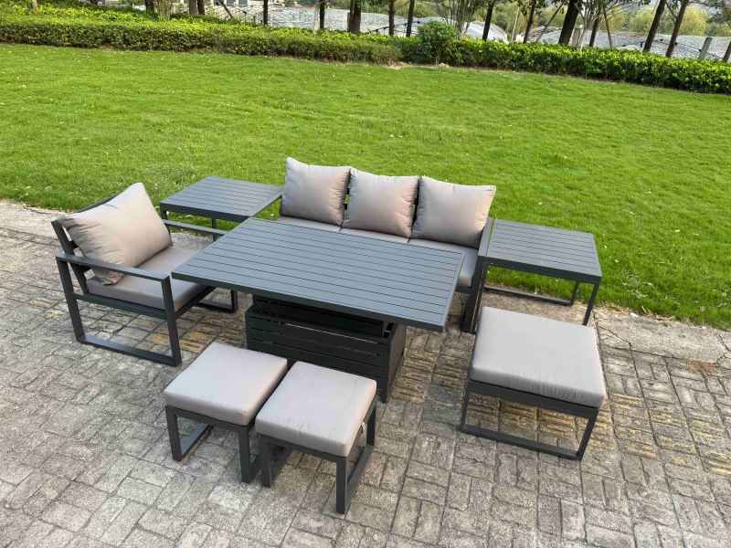 Fimous Aluminum Outdoor Dining Set Patio Dining Furniture Set Includes Adjustable Rising Lifting Dining Table Chairs with 3 Footstools Side Table