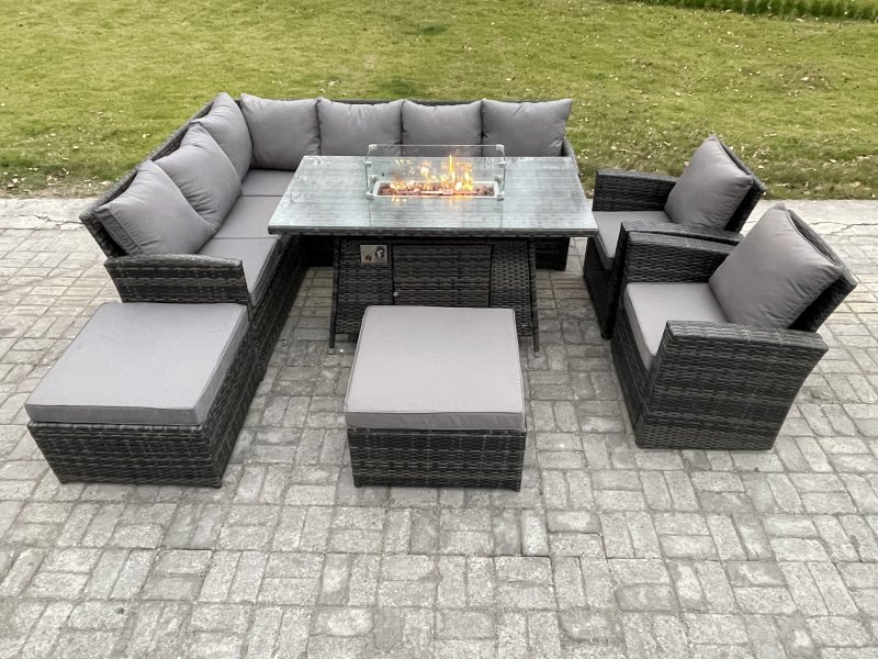Fimous 10 Seater Outdoor Rattan Garden Furniture Set Corner Sofa Gas Fire Pit Dining Table Sets Gas Heater with 2 Big Footstool 2 Armchair Dark Grey Mixed