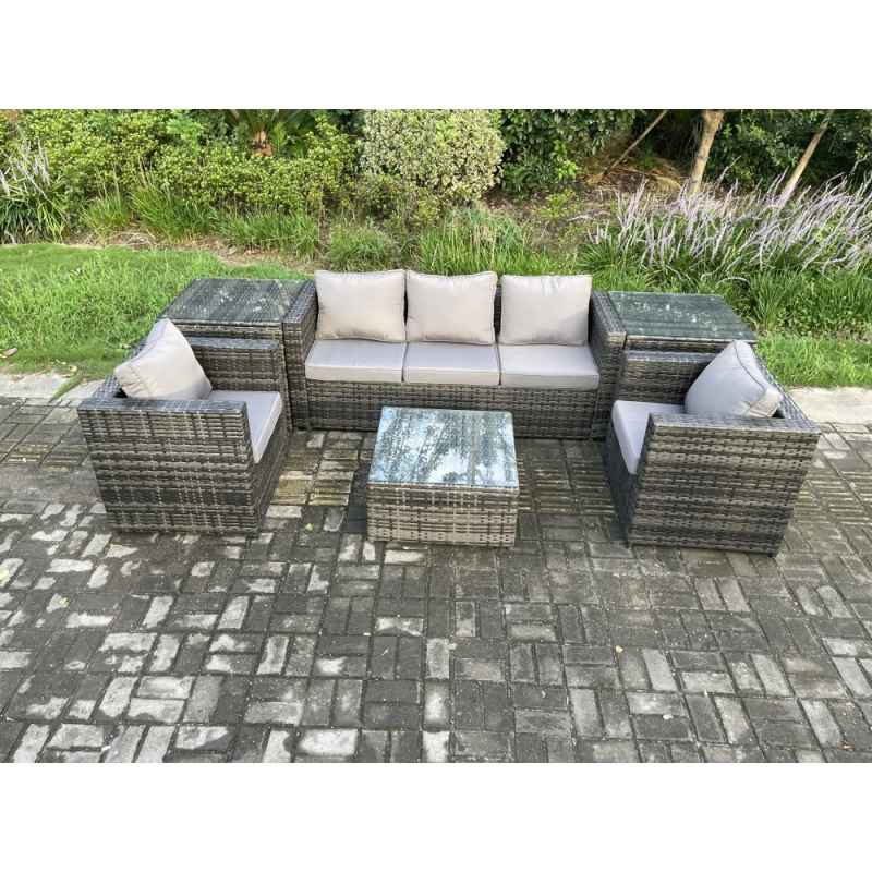 Fimous Wicker 6 Pieces Rattan Garden Furniture Sofa Set with Armchair 2 Side Tables Square Coffee Table Dark Grey Mixed