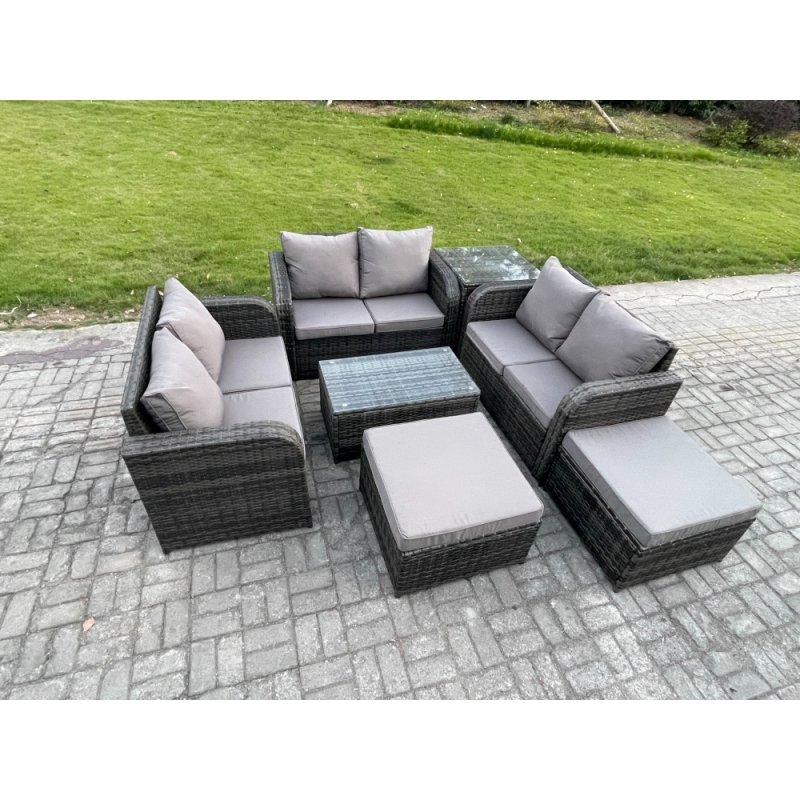 Fimous Wicker PE Rattan Garden Furniture Set 8 Seater Outdoor Lounge Sofa Set with Love Sofa Coffee Table Side Table 2 Big Footstool Dark Grey Mixed