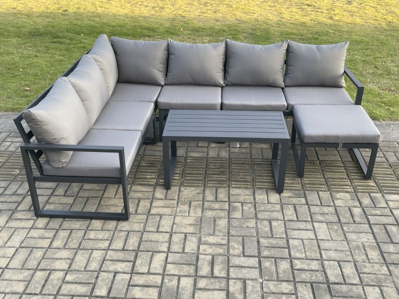 Fimous Aluminium Garden Furniture Set Outdoor Indoor Lounge Corner Sofa Oblong Coffee Table Sets with Big Footstool Dark Grey