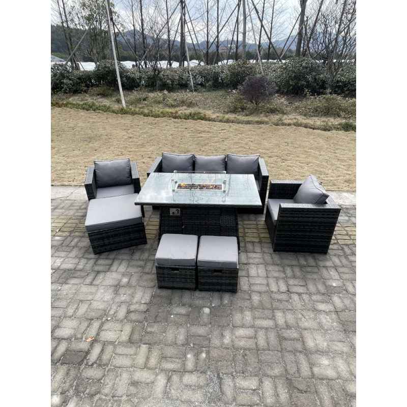 Fimous Outdoor PE Rattan Garden Furniture Gas Fire Pit Dining Table Armchairs With 3 Stools Dark Grey Mixed