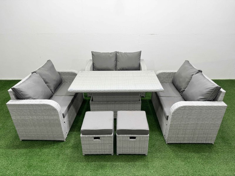 Fimous 8 Seater PE Wicker Rattan Furniture Sofa Sets with Adjustable Lifting Dining or Coffee Table 2 Seater Love Sofa 2 Stool Light Grey