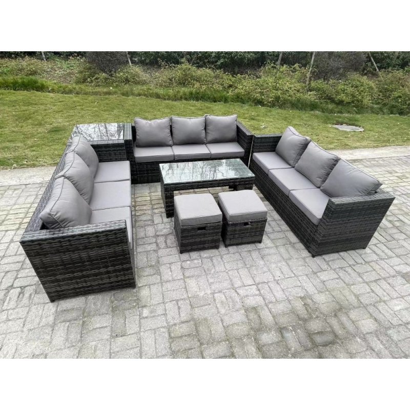 Fimous Outdoor Rattan Garden Furniture Lounge Sofa Set With Oblong Rectagular Coffee Table 2 Stools And Side Table