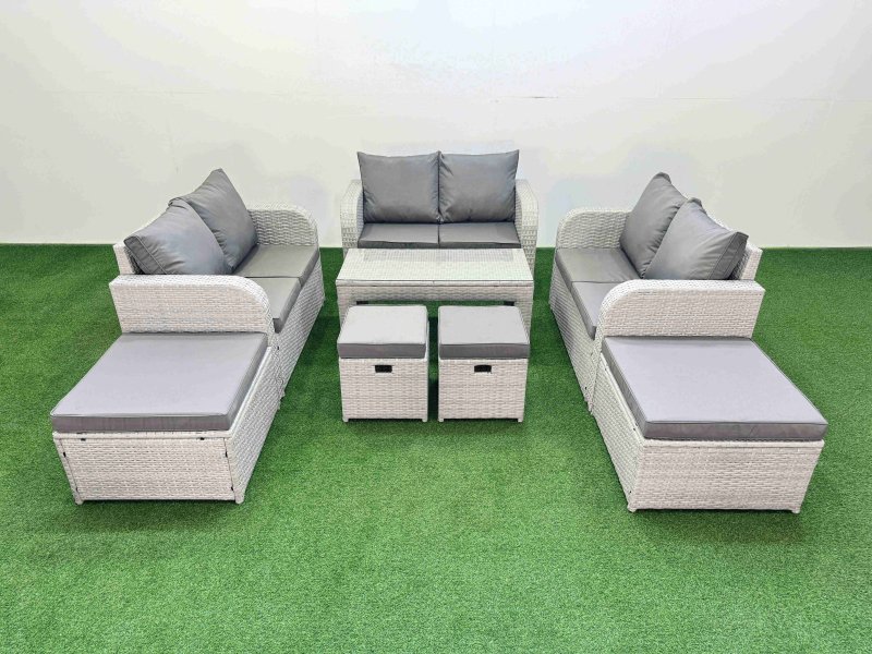 Fimous PE Wicker Rattan Furniture Sofa Sets with Oblong Coffee Table Love Sofa 4 Stools Light Grey Mixed