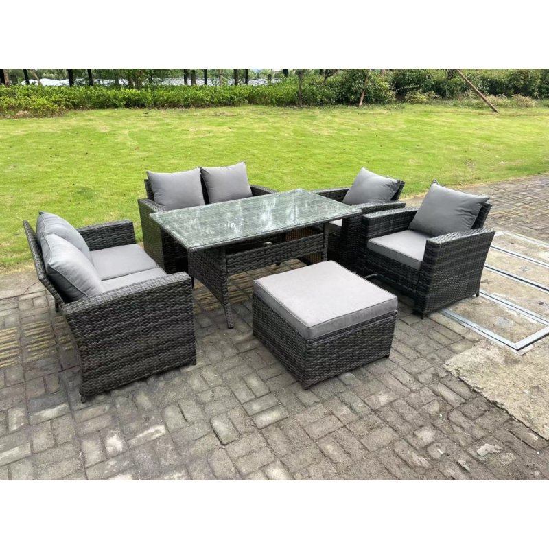 Fimous 7 Seater High Back Dark Grey Mixed Rattan Sofa Dining Table Set Garden Furniture Love Sofa Arm Chair