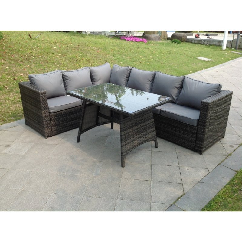 Fimous 6 Seater Grey Rattan Corner Sofa Set Dining Table Foot Rest Garden Furniture Outdoor