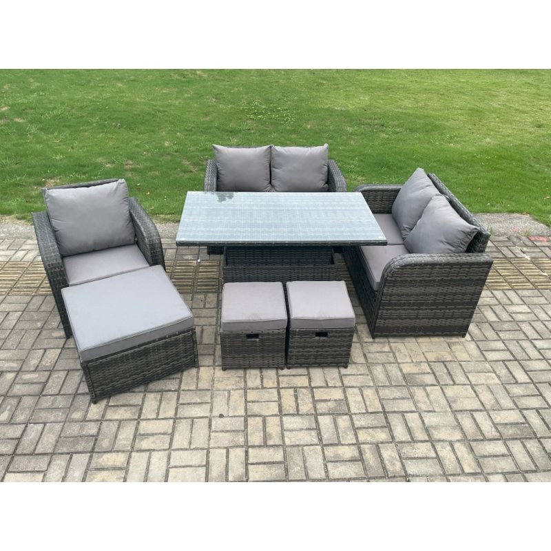 Fimous Rattan Furniture Garden Dining Set Outdoor Height Adjustable Rising lifting Table Love Sofa Chair With 3 Footstools