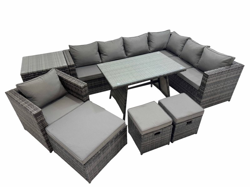 Fimous Rattan garden furniture Patio Furniture Sets with Dining Table Side Table 3 Stools Dark Grey Mixed