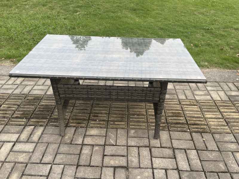 Fimous 7 Seater Rattan Garden Furniture Sets High Back Corner Sofa Rectangular Dining Table Set with Big Footstool Dark Grey Mixed