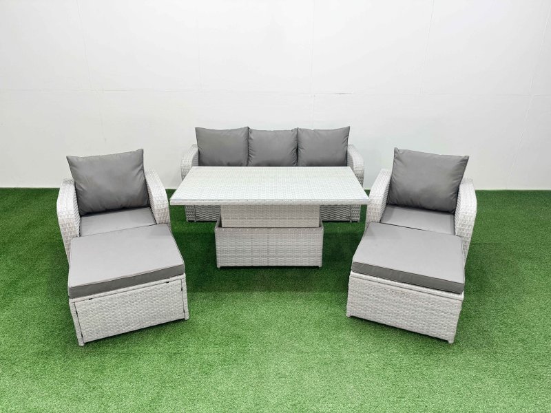 Fimous PE Rattan Garden Furniture Set Reclining Chair Sofa Lounge Sofa Set Adjustable Lifting Dining or Coffee Table 2 Big Footstool Light Grey