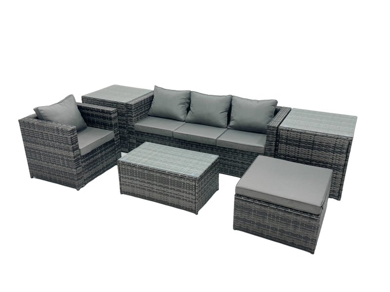 Fimous Outdoor Coffee Table Sofa Armchair Set with Side Table Big Stool Garden Furniture Set Dark Grey Mixed