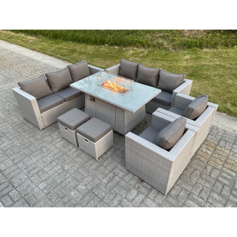 Fimous Light Grey Rattan FirePit Dining Set Garden Furniture Set Gas Heater Burner Lounge Sofa Dining Set Chairs Stools
