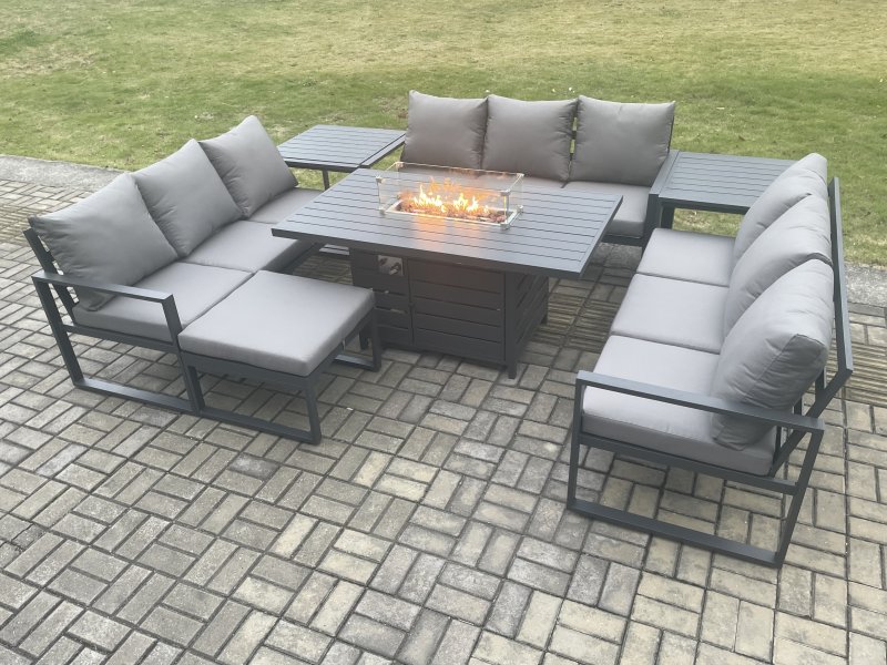 Fimous Aluminium 10 Seater Garden Furniture Outdoor Set Patio Lounge Sofa Gas Fire Pit Dining Table Set with Big Footstool 2 Side Tables Dark Grey