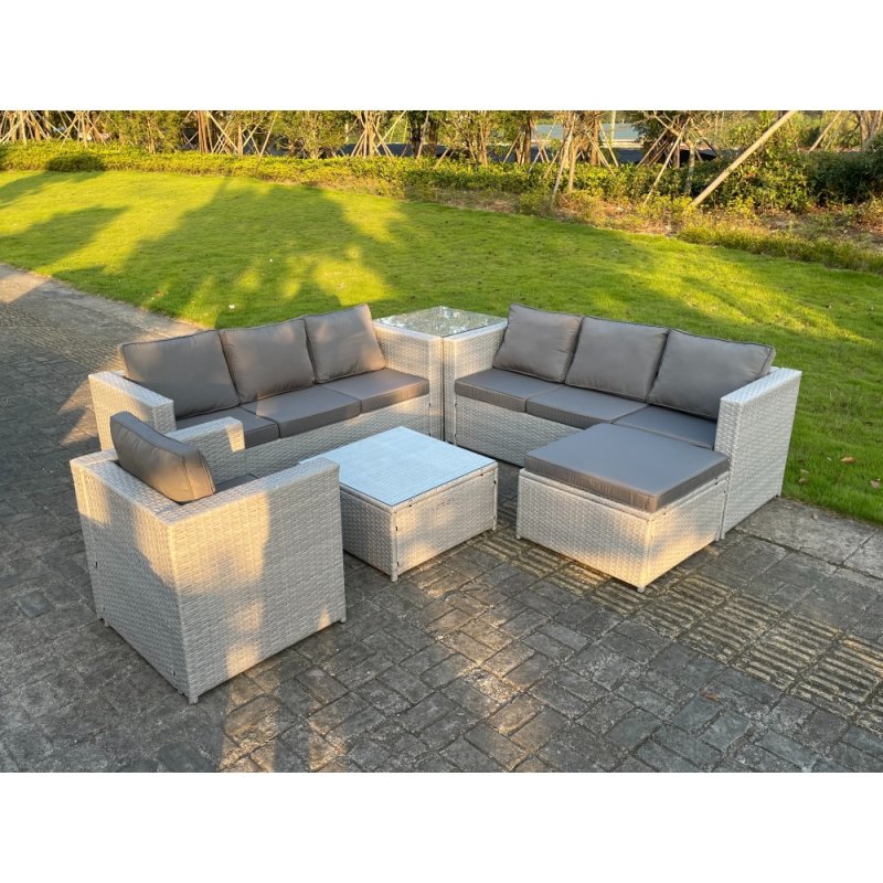 Fimous Light Grey Outdoor Rattan Garden Furniture Set Corner Sofa Set 2 Coffee Table Big Footstool Armchair