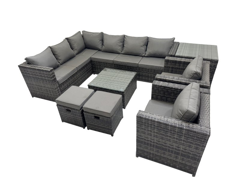 Fimous Rattan Garden Furniture Patio Furniture Sets with Corner Sofa Square Coffee Table 2 Small Footstools Side Table Dark Grey Mixed