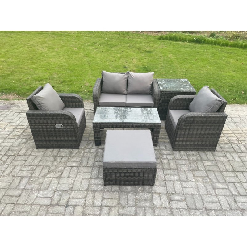 Fimous Rattan Lounge Sofa Set Outdoor Garden Furniture Set with Rectangular Coffee Table Big Footstool Love Sofa Side Table Dark Grey Mixed