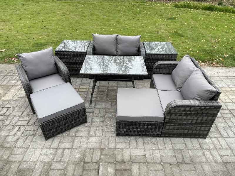 Fimous 7 Seater Outdoor Garden Dining Sets Rattan Furniture With Dining Table Armchairs Love Sofa 2 Big Footstool 2 Side Tables Dark Grey Mixed