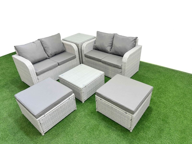 Fimous 6 Seater Outdoor Love Sofa Set Rattan Garden Furniture Set with Square Coffee Table 2 Footstool Side Table Light Grey