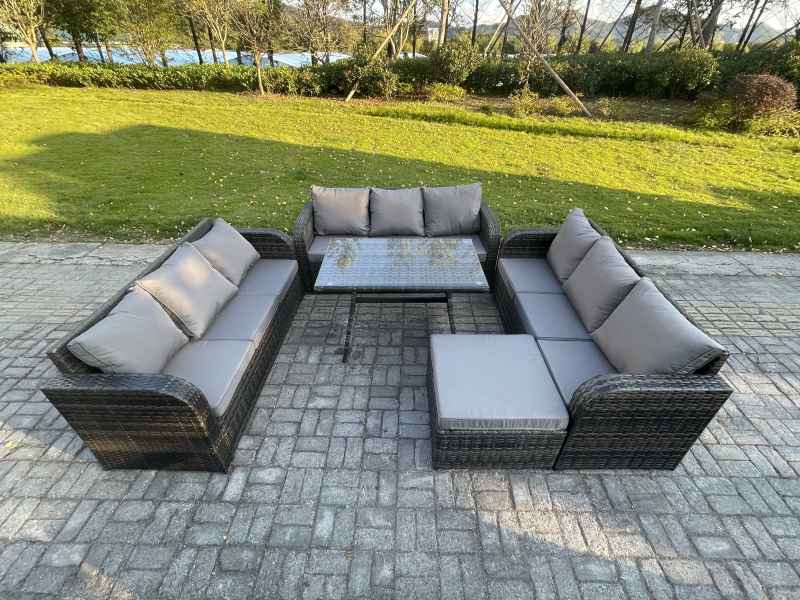Fimous 10 Seater Wicker Rattan Garden Furniture Set with Rectangular Dining Table Big Footstool Patio Outdoor Lounge Sofa Set