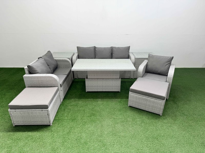 Fimous Patio PE Wicker 8 Seater Outdoor Rattan Furniture Sofa Sets with Adjustable Lifting Dining or Coffee Table Reclining Chair Loveseat Sofa 3 Seater Sofa 2 Big Footstools 2 Side Table Light Grey