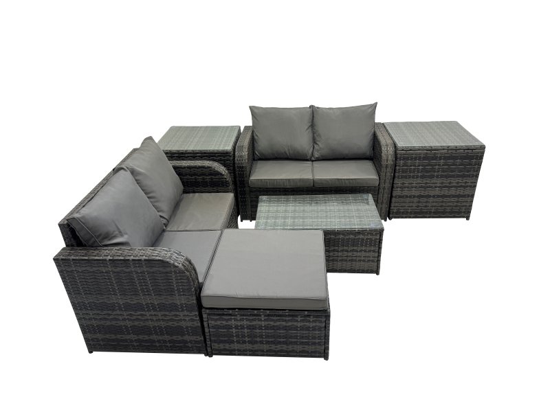 Fimous Outdoor Love Sofa Coffee Table Set Garden Rattan Furniture Set 5 Seater with 2 Side Tables Big Stool Dark Grey
