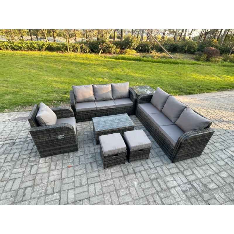 Fimous 9 Seater Rattan Outdoor Garden Furniture Sofa Set Patio Table & Chairs Set with 3 Seater Sofa Reclining Chair 3 Seater Sofa Side Table 2 Small Footstools Dark Grey Mixed
