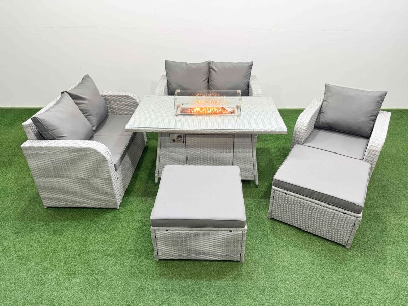 Fimous High Back Poly Rattan Garden Furniture Set with Reclining Chair Loveseat Sofa Firepit Dining Table Indoor Outdoor Patio Set 2 Big Stool Light Grey