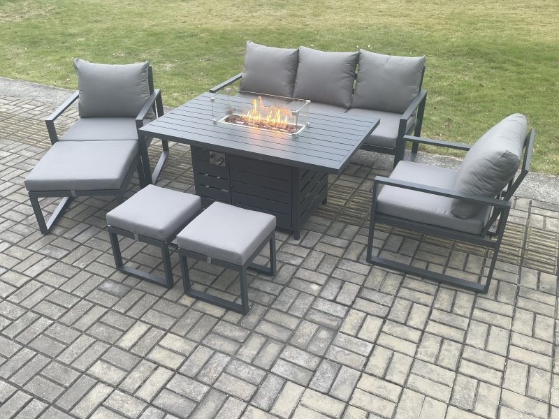 Fimous Aluminium Patio Outdoor Garden Furniture Lounge Sofa Set Gas Fire Pit Dining Table with 3 Footstools Dark Grey