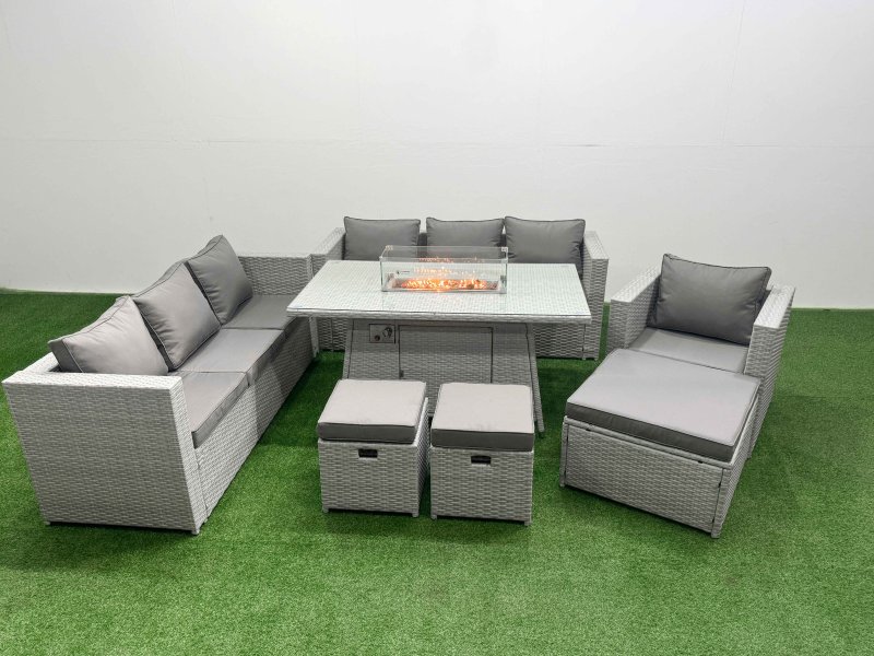 Fimous 10 Seat PE Rattan Lounge Sofa Set Outdoor Garden Furniture Set with Firepit Dining Table 3 Seater Sofa 3 Stools Light Grey