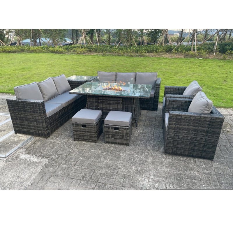 Fimous 10 Seater Outdoor Rattan Garden Furniture Gas Fire Pit Table Dining Set Gas Heater Lounge Chairs Small Footstools Dark Grey