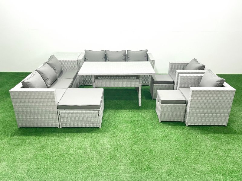 Fimous Rattan Garden Furniture Set Outdoor 8 Seater Patio Dinin g Sofa Sets with Dining Table 2 Chairs Side Table 3 Footstools Light Grey Mixed