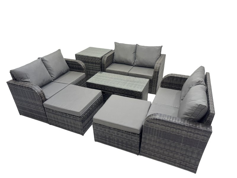 Fimous 3 Seater Sofa Reclining Chair Coffee Table Set Rattan Garden Outdoor Furniture Set with Side Table 2 Big Footstools Dark Grey Mixed
