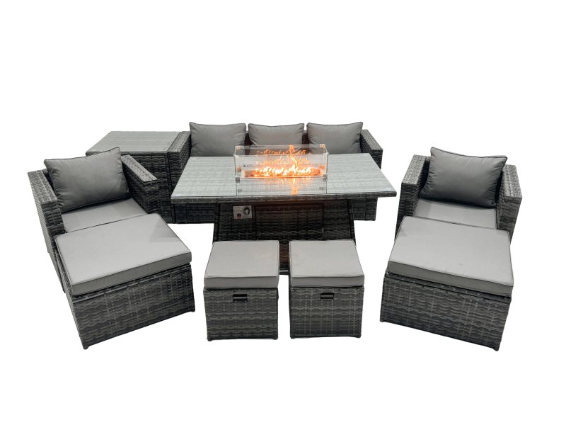 Fimous Rattan Garden Furniture Firepit Dining Set 9 Seater Lounge Sofa Table Set with side table 4 Footstool