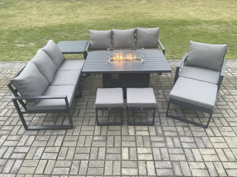Fimous Aluminium 8 Pieces Garden Furniture Sofa Set with Cushions 10 Seater Gas Fire Pit Dining Table Set with Side Table 3 Footstools Dark Grey