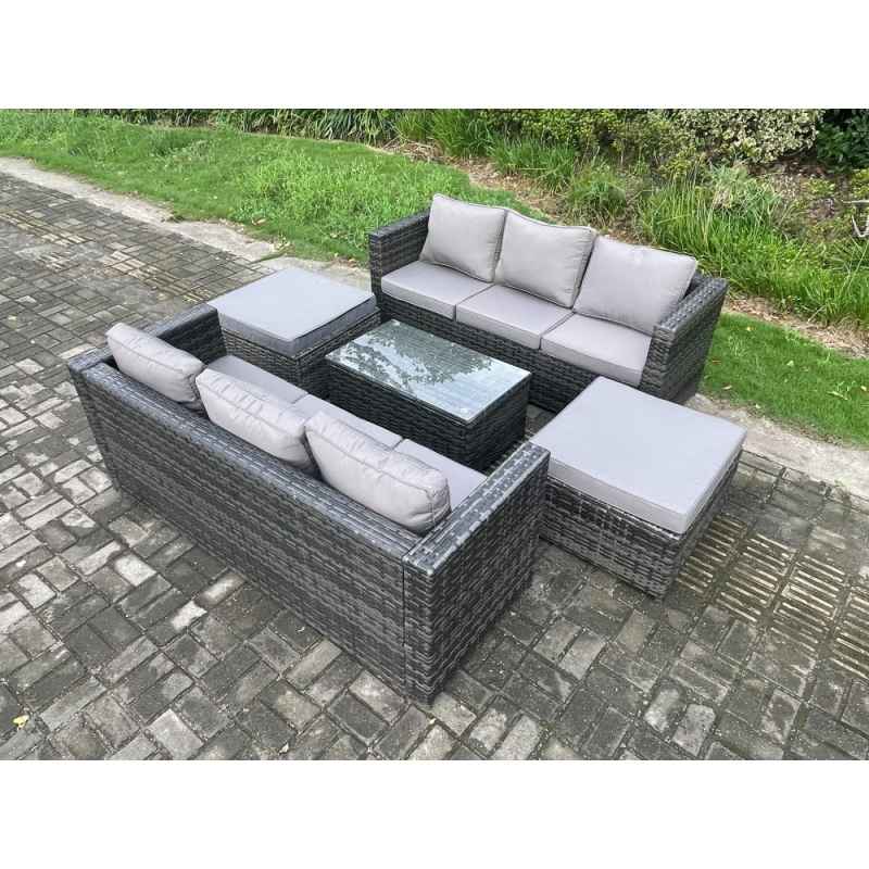 Fimous Rattan Garden Furniture Set Indoor Outdoor Patio Sofa Set with Oblong Coffee Table 2 Big Footstool 8 Seater Dark Grey Mixed
