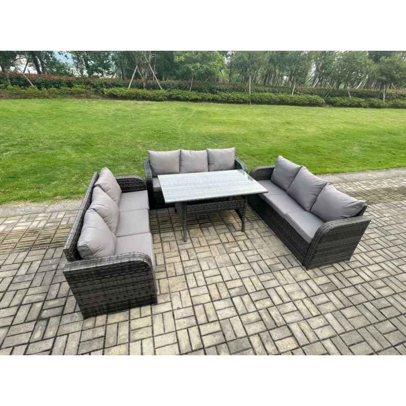 Fimous Patio Rattan Garden Furniture Set with Oblong Rectangular Dining Table 9 Seater Outdoor Lounge Sofa Set Dark Grey Mixed