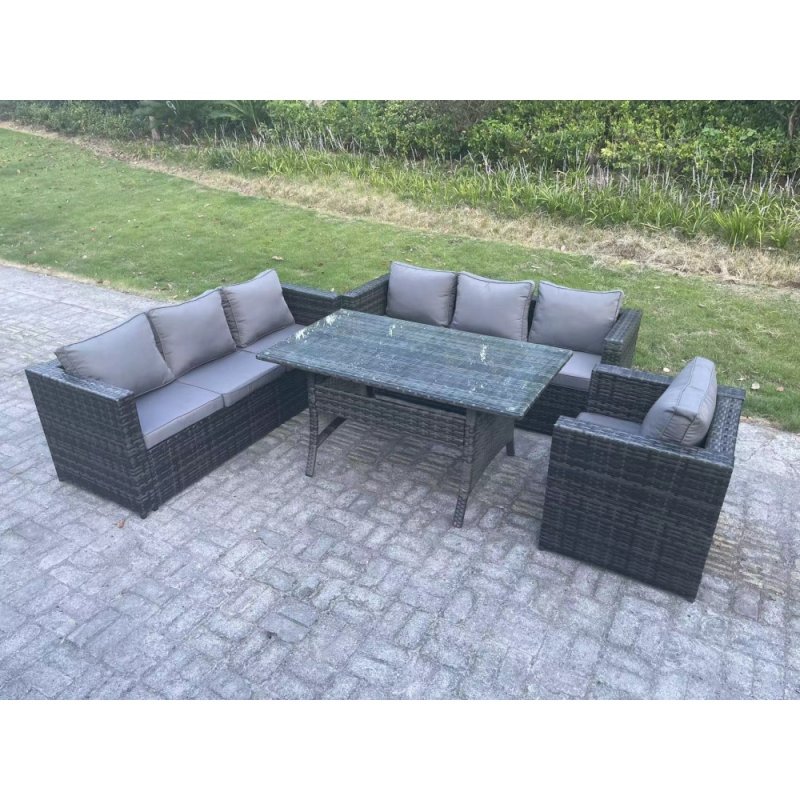 Fimous Outdoor Lounge Sofa Garden Furniture Set Rattan Rectangular Dining Table Patio Chair 7 Seater Dark Grey Mixed