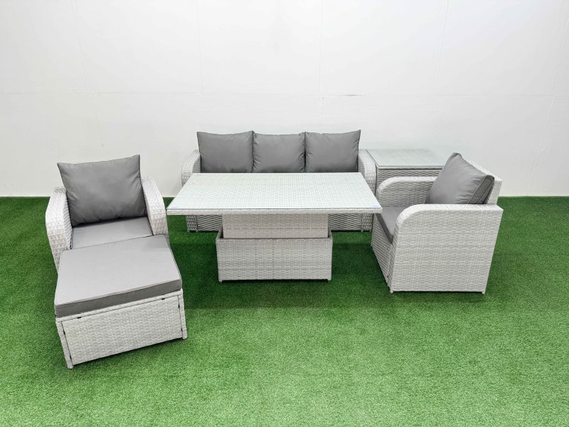 Fimous PE Rattan Garden Furniture Set Reclining Chair Sofa Lounge Sofa Set Adjustable Lifting Dining or Coffee Table Side Table Big Footstool Light Grey