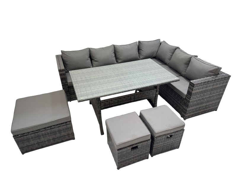 Fimous Rattan Garden Furniture Set Outdoor 9 Seater Patio Dining Corner Sofa Sets with Dining Table 3 Footstool Dark Grey Mixed