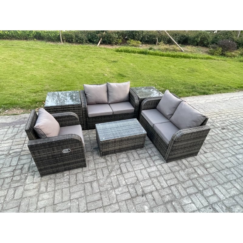 Fimous High Back Rattan Garden Furniture Set with Loveseat Sofa Rectangular Coffee Table 2 Side Tables Indoor Outdoor Patio Lounge Sofa Set Dark Grey Mixed