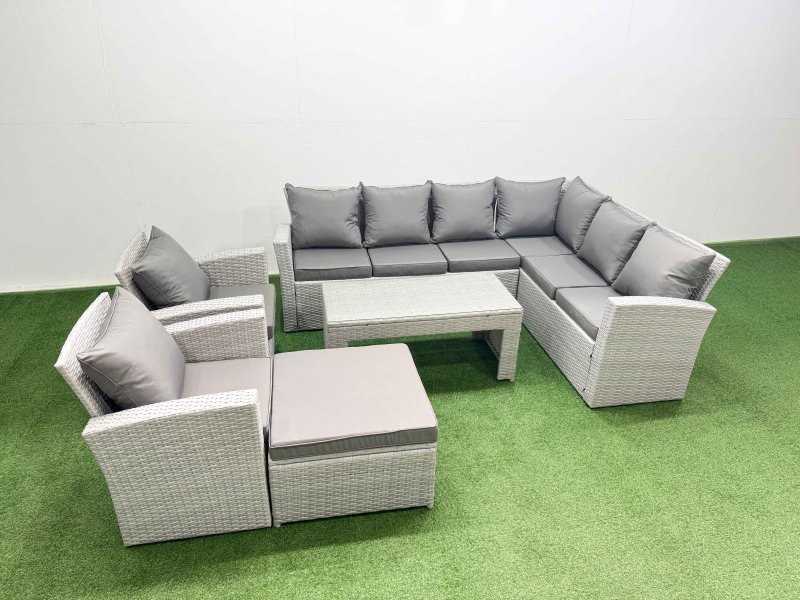 Fimous Rattan Garden Furniture Set 6 Pieces Outdoor Garden Sofa Oblong Coffee Table Set with 2 Chairs Big Footstool Light Grey Mixed
