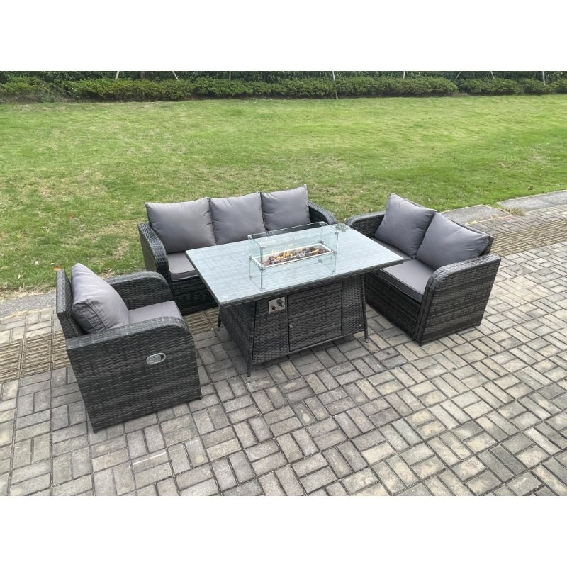 Fimous Rattan Garden Furniture Set with Fire Pit Table 6 Seater Outdoor Lounge Sofa Set Dark Grey Mixed