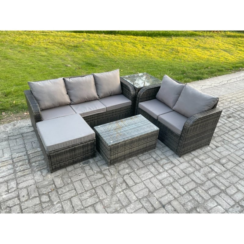Fimous 6 Seater Rattan Wicker Garden Furniture Patio Conservatory Sofa Set with Rectangular Coffee Table 3 Seater Sofa Love Sofa Big Footstool Side Table