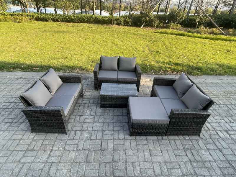Fimous Dark Grey 7 Seater Outdoor Rattan Garden Furniture Set Patio Love Sofa Rectangular Coffee Table Set with Big Footstool