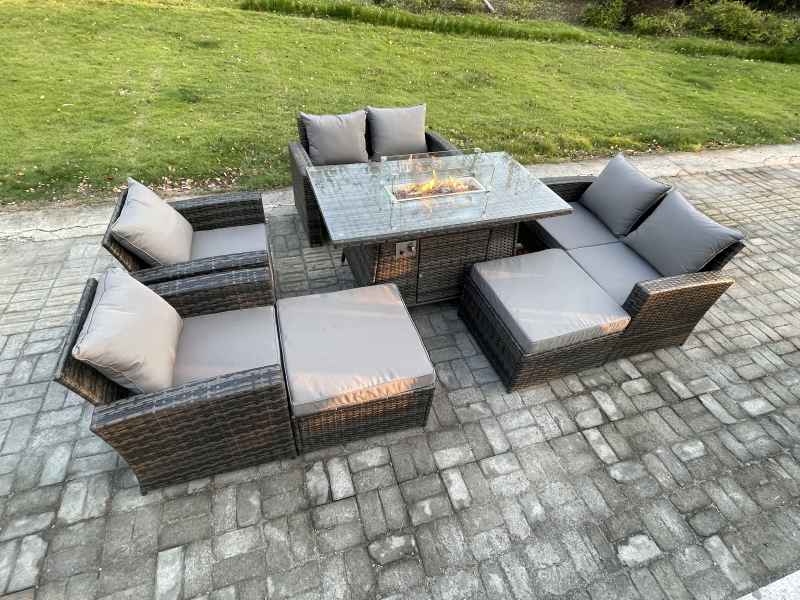 Fimous 8 Seater Rattan Garden Furniture Set Outdoor Lounge Sofa Chair Gas Fire Pit Dining Table Set With 2 Big Footstool Double Seat Sofa Armchiar
