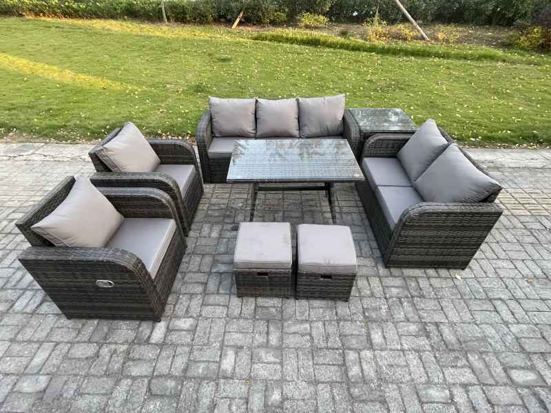 Fimous 9 Seater High Back PE Rattan Sofa Set Outdoor Garden Furniture Dining Table Set With Reclining Chair 3 Seater Sofa Love Sofa 2 Small Footstools Side Table